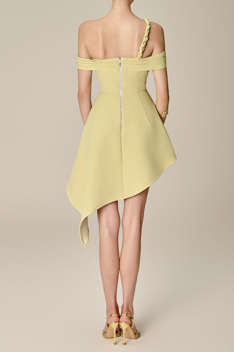 Anila Asymmetric Off-Shoulder Mini Dress in Nuggets Green Avalabel
