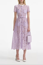 Lilac Lace Button Front Midi Dress Avalabel