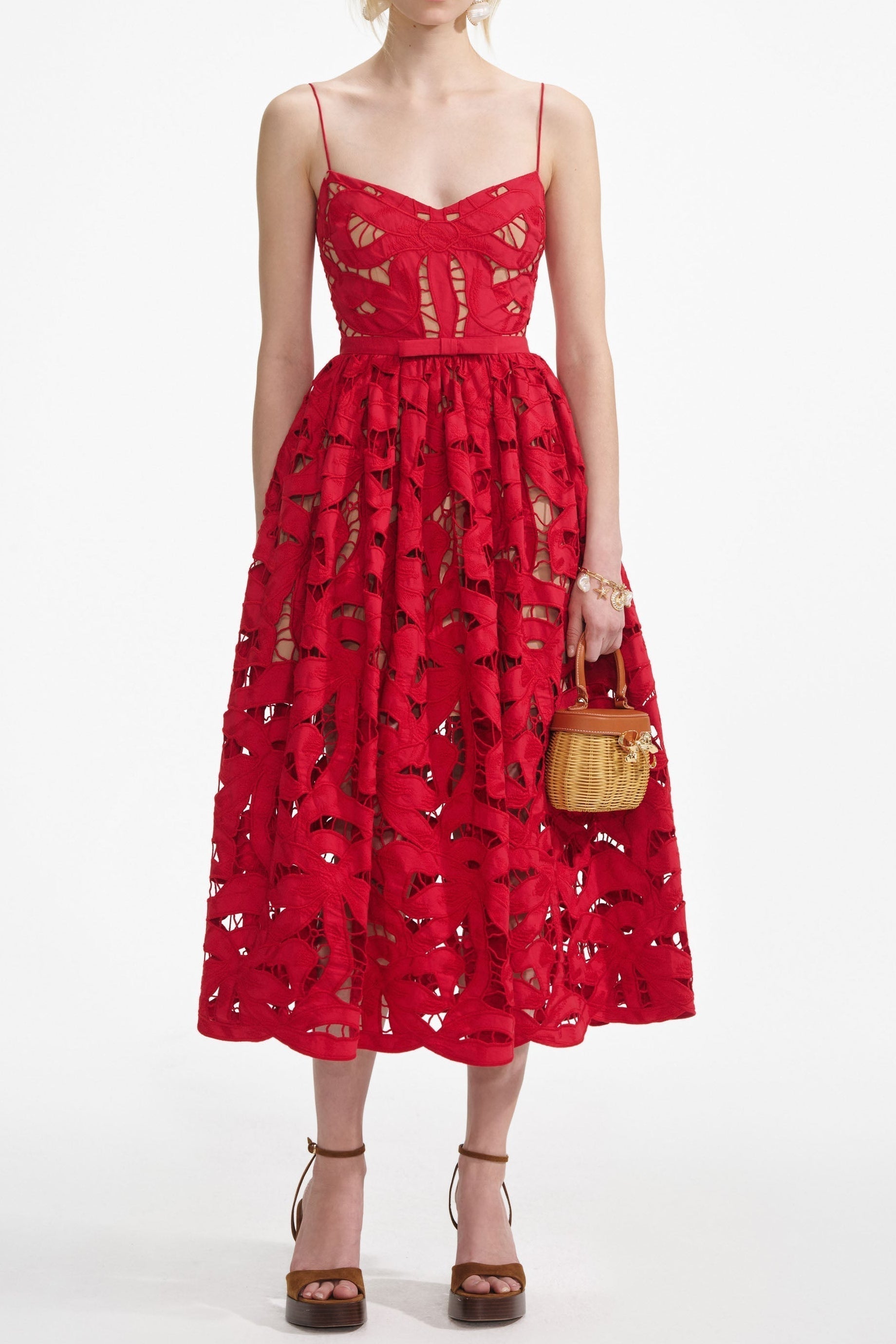 wendy Red Bow Embroidered Midi Dress Avalabel