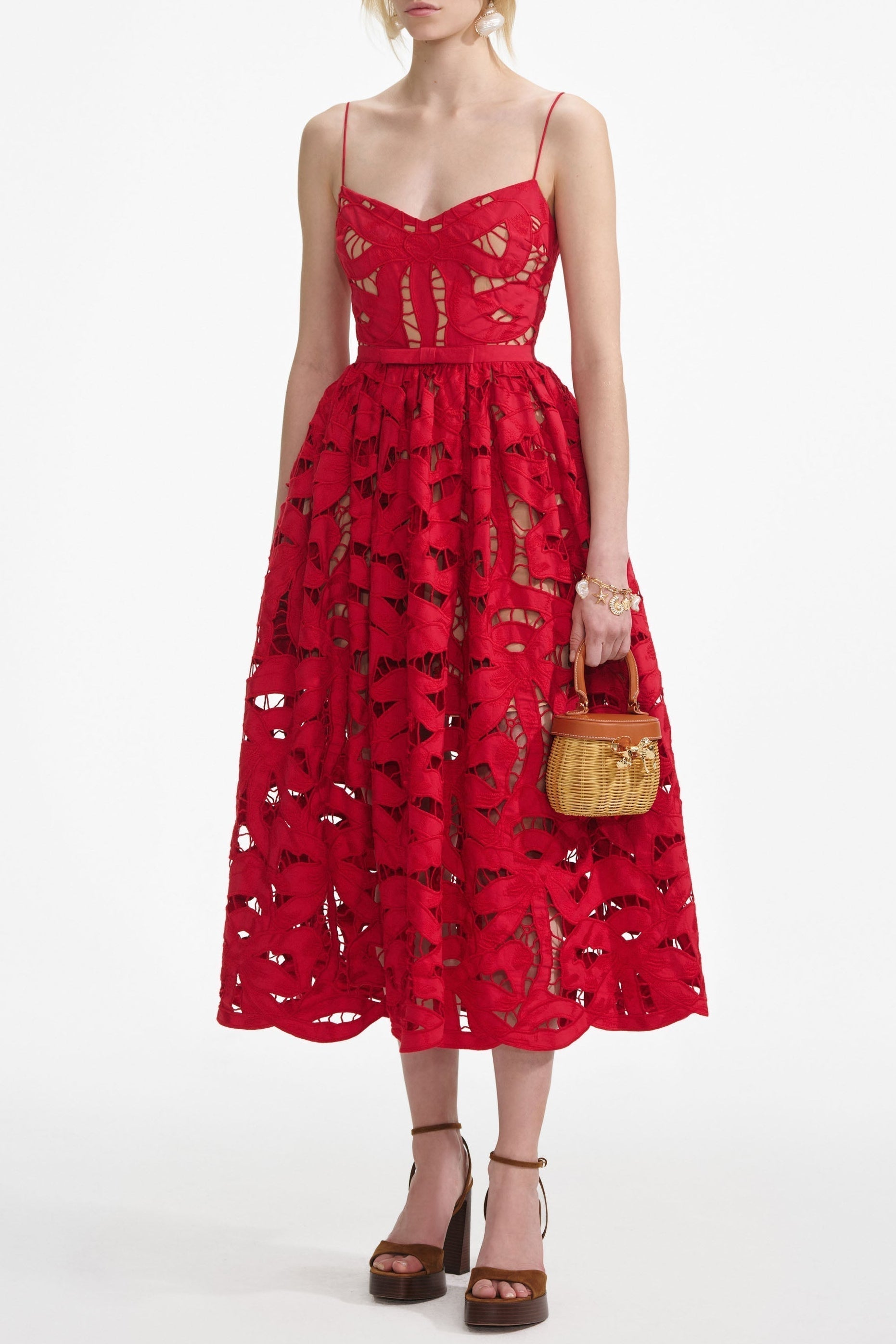 wendy Red Bow Embroidered Midi Dress Avalabel
