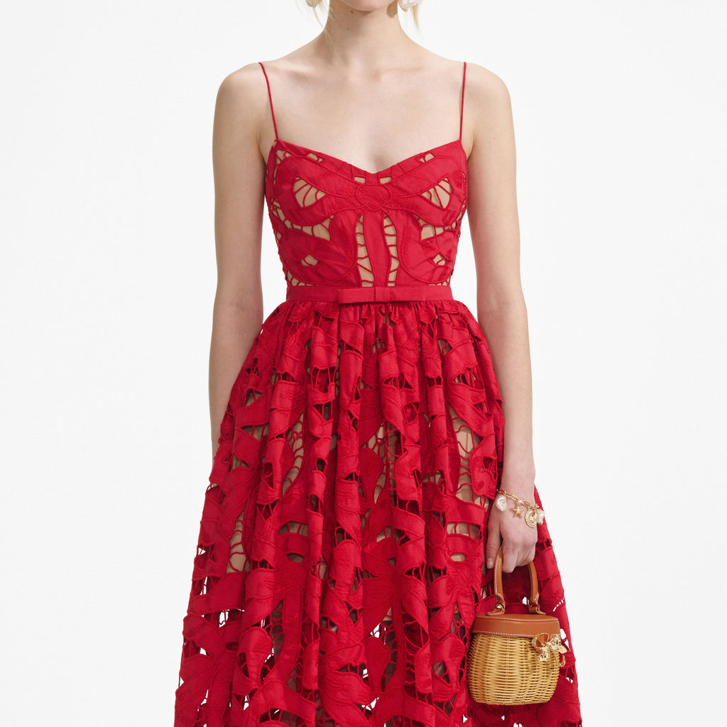 wendy Red Bow Embroidered Midi Dress Avalabel