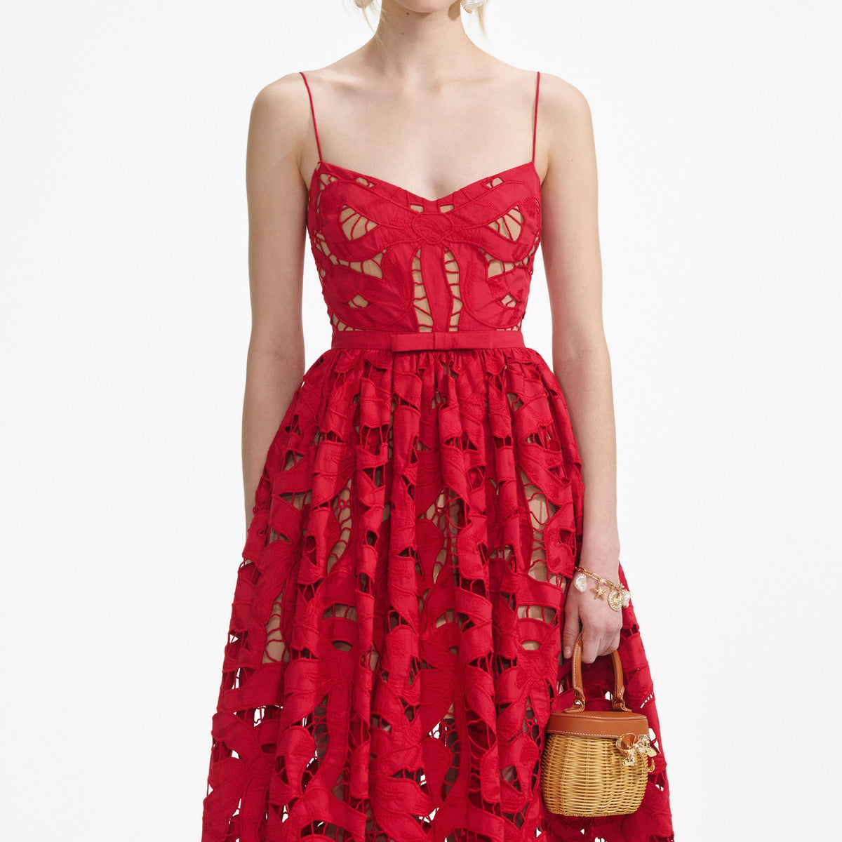 wendy Red Bow Embroidered Midi Dress Avalabel