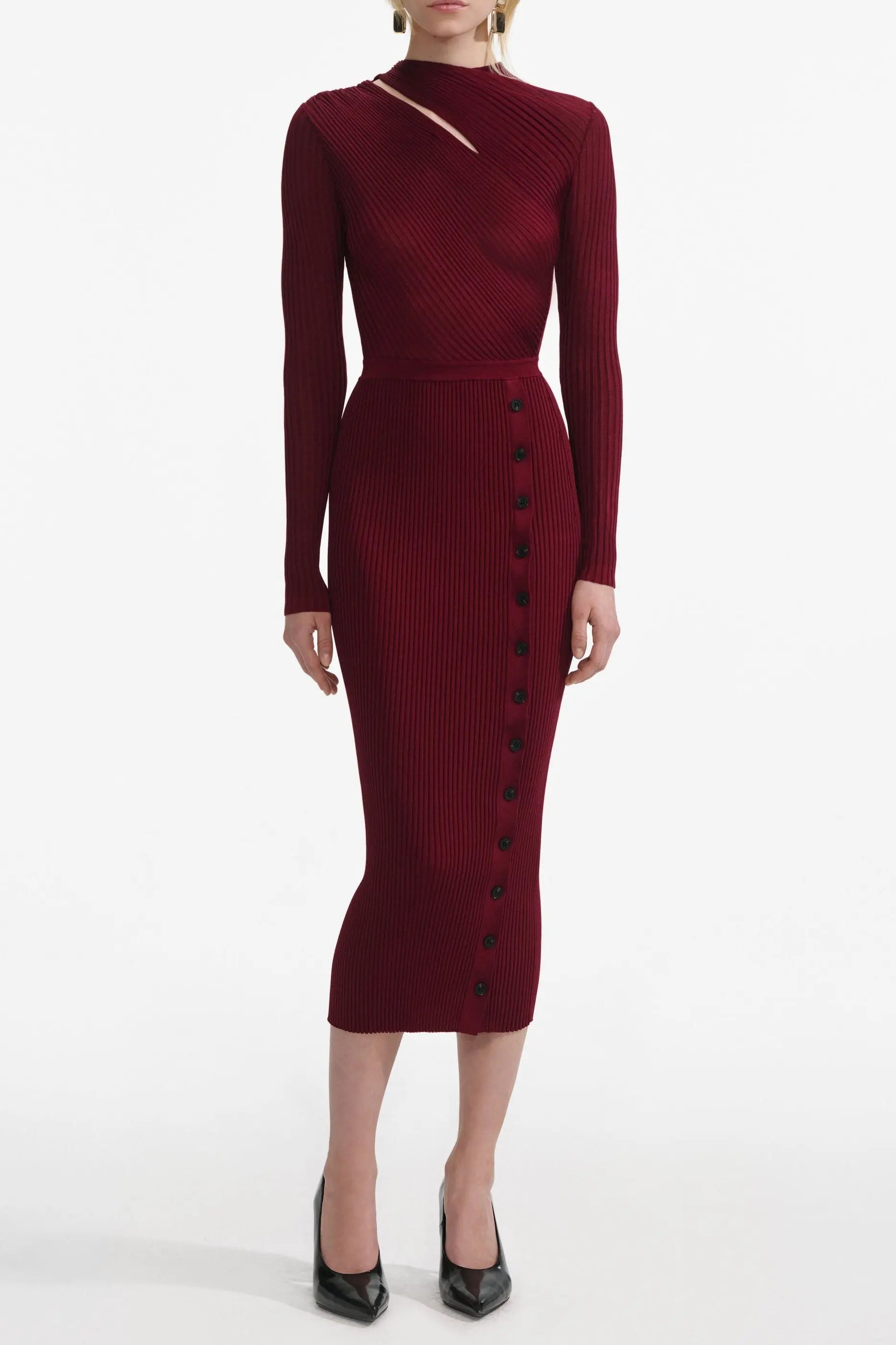tiffany Burgundy Cut Out Rib Knit Midi Dress Avalabel