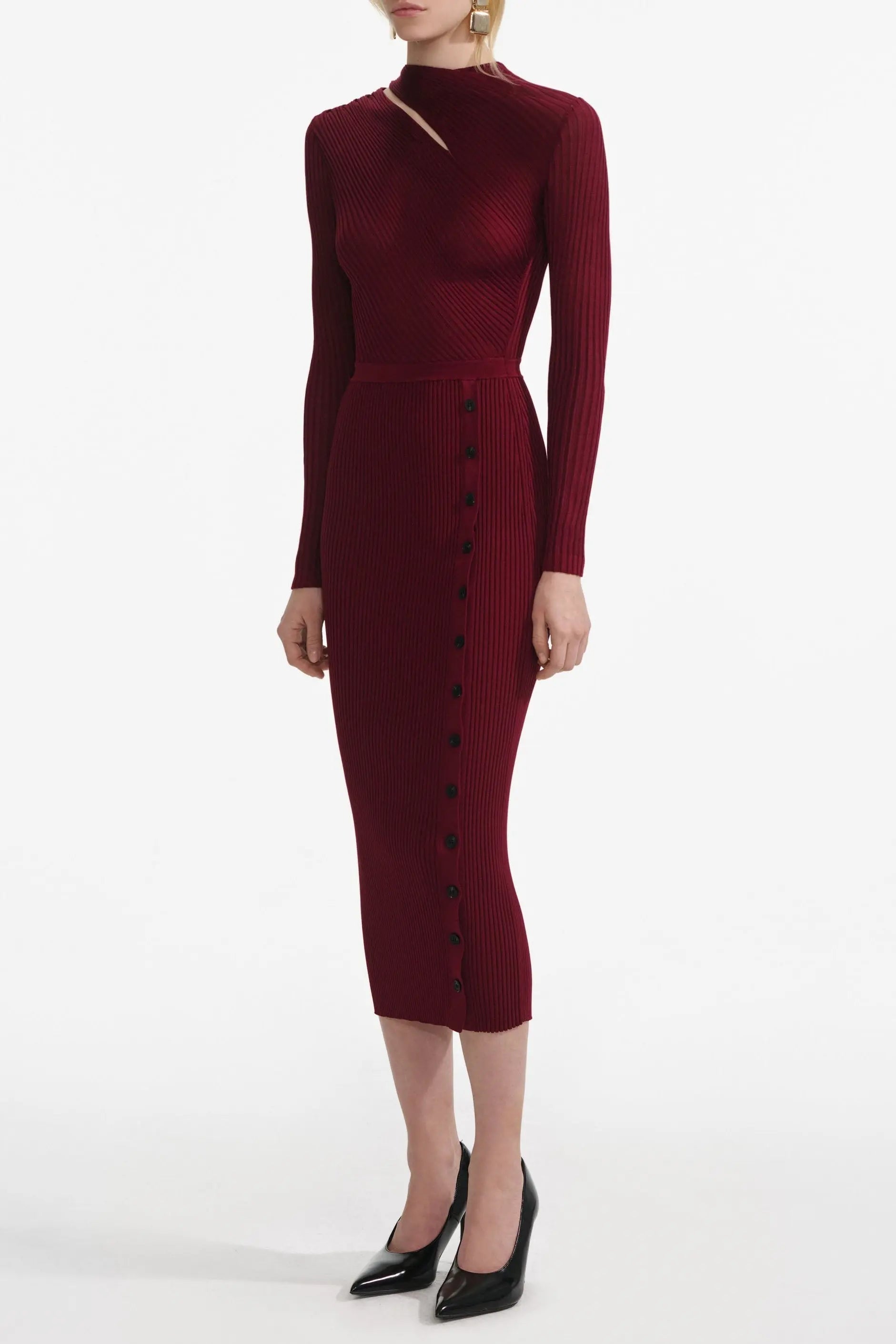 tiffany Burgundy Cut Out Rib Knit Midi Dress Avalabel