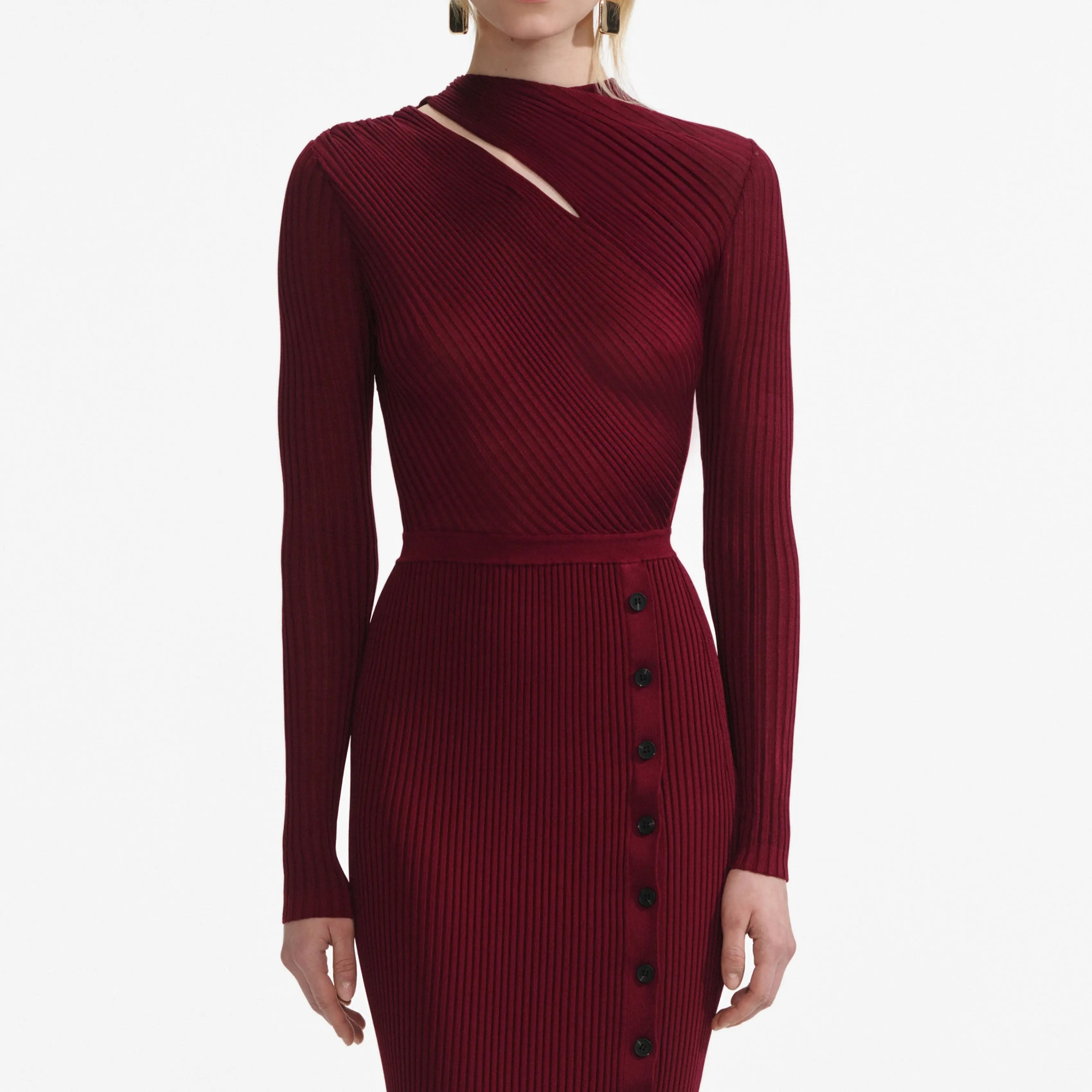 tiffany Burgundy Cut Out Rib Knit Midi Dress Avalabel