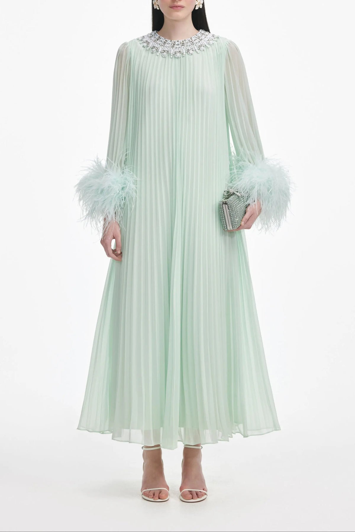 Mint Chiffon Feather Midi Dress Avalabel