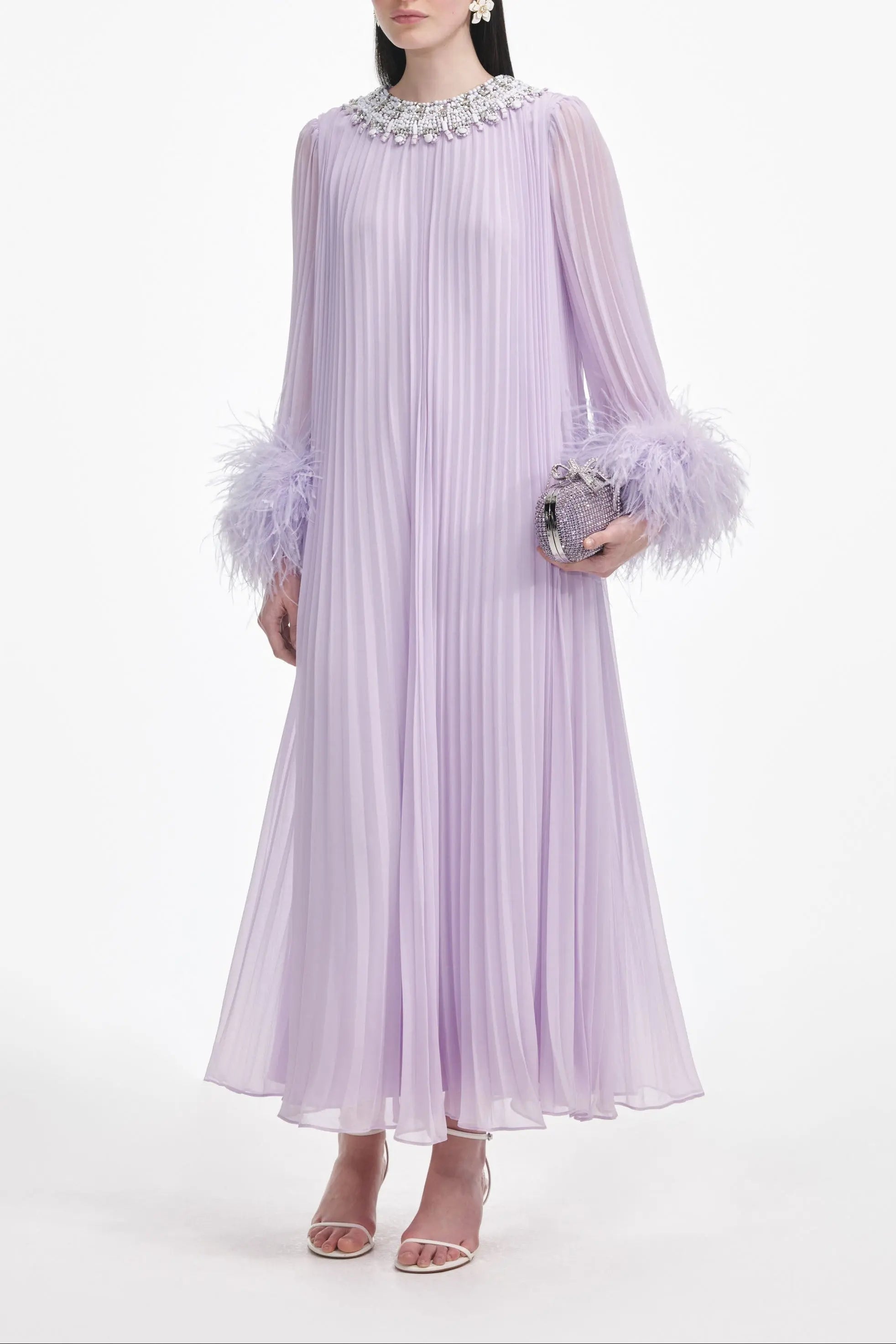 Lilac Chiffon Feather Midi Dress Avalabel