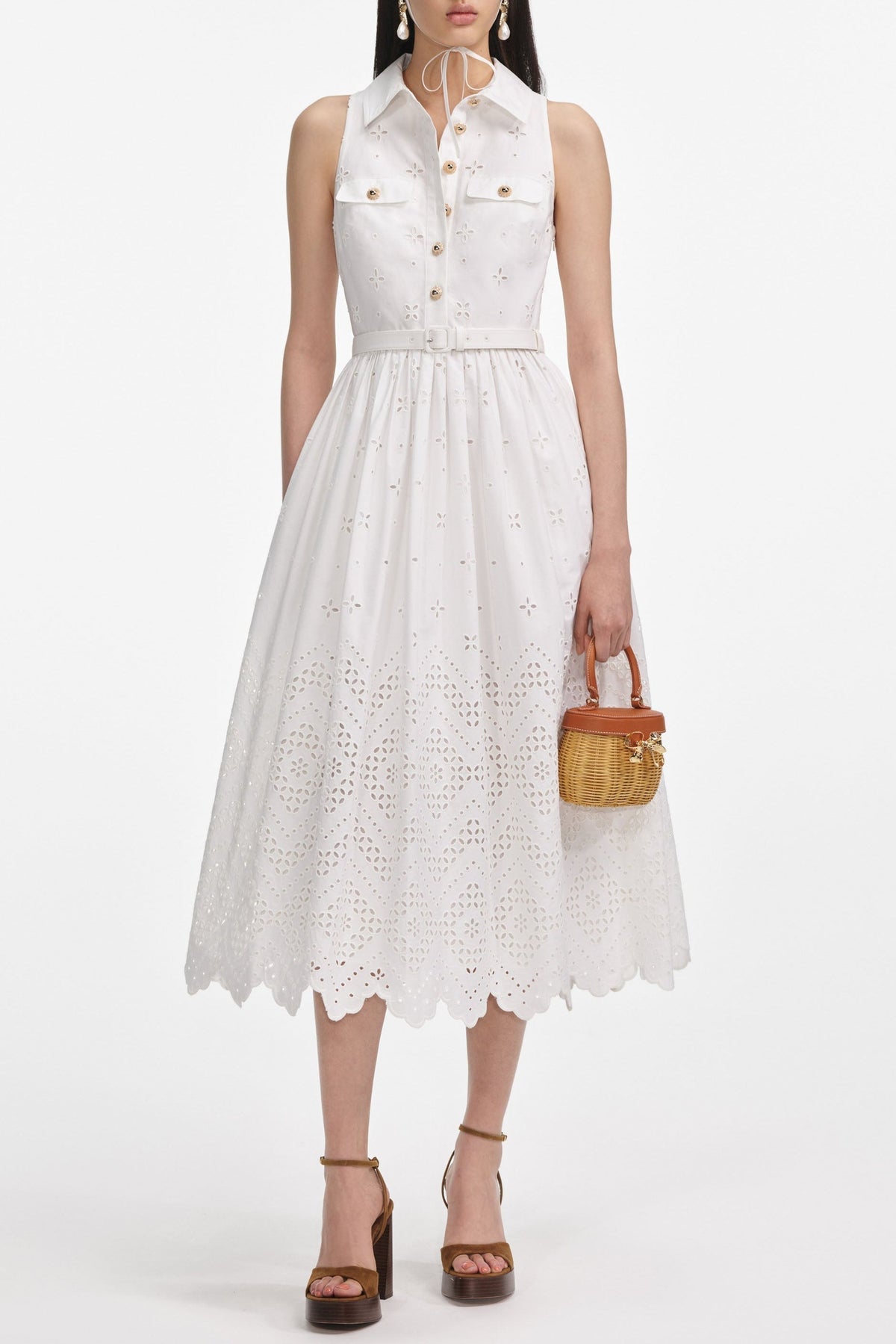 elsie White Cotton Broderie Collared Midi Dress Avalabel
