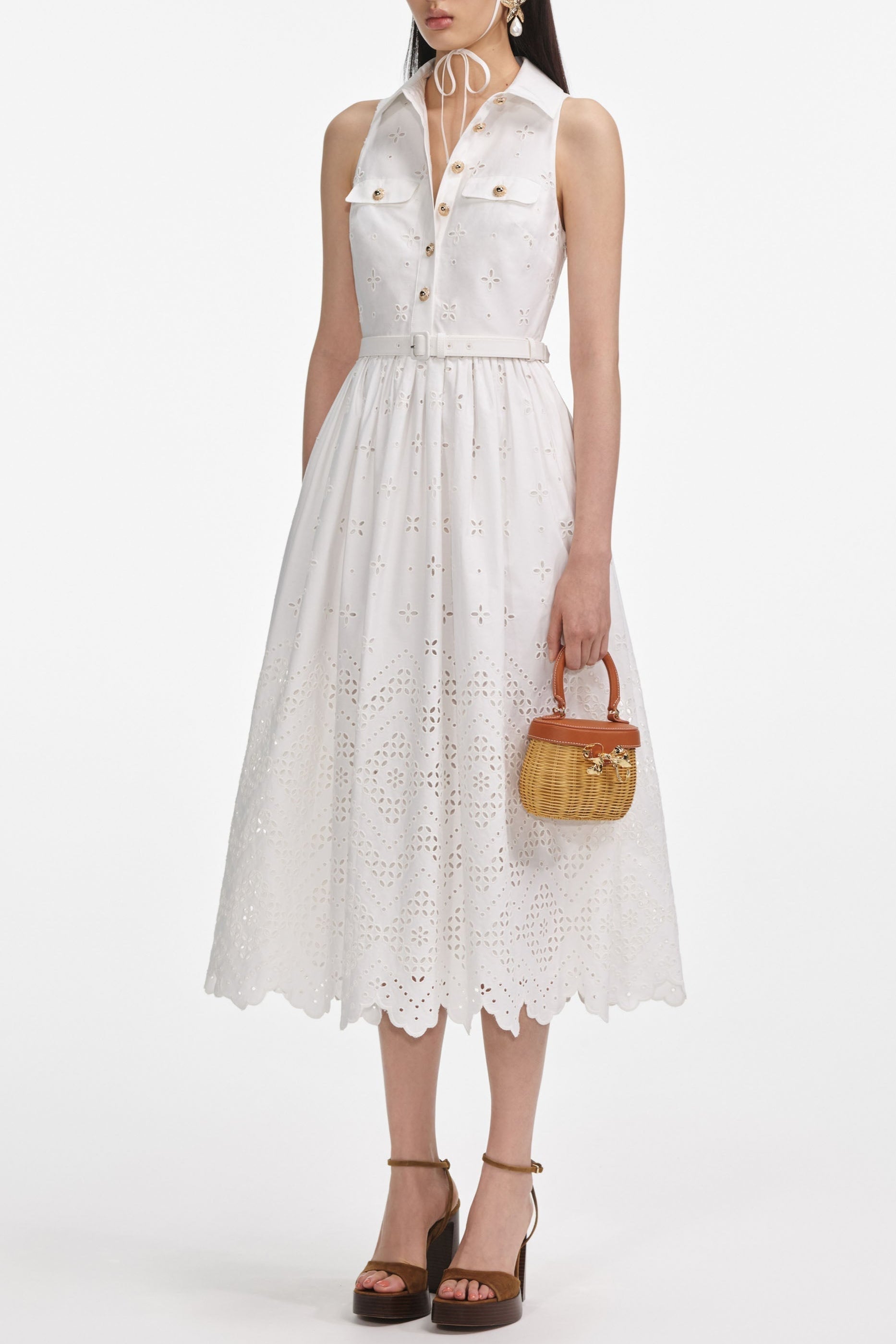 elsie White Cotton Broderie Collared Midi Dress Avalabel