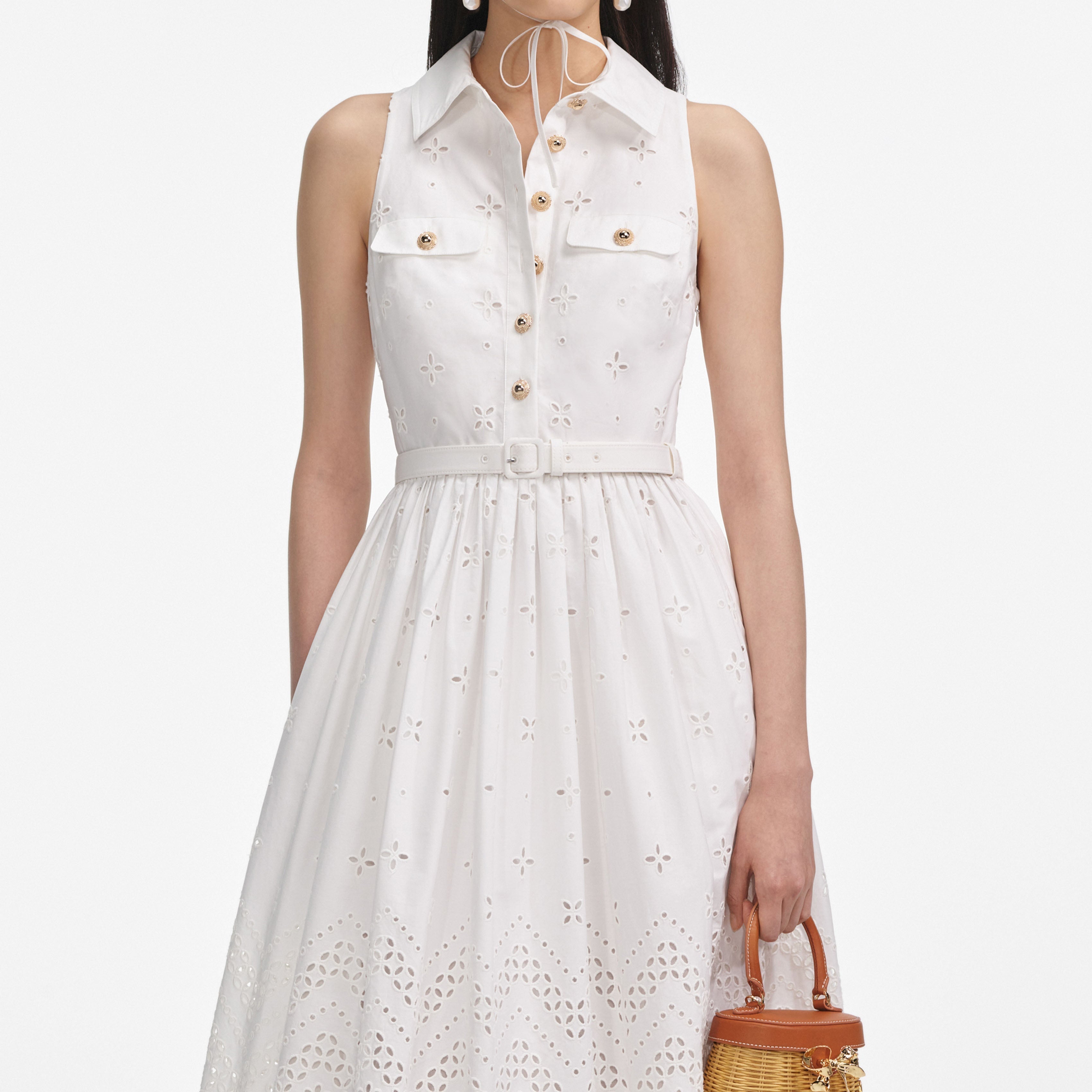 elsie White Cotton Broderie Collared Midi Dress Avalabel