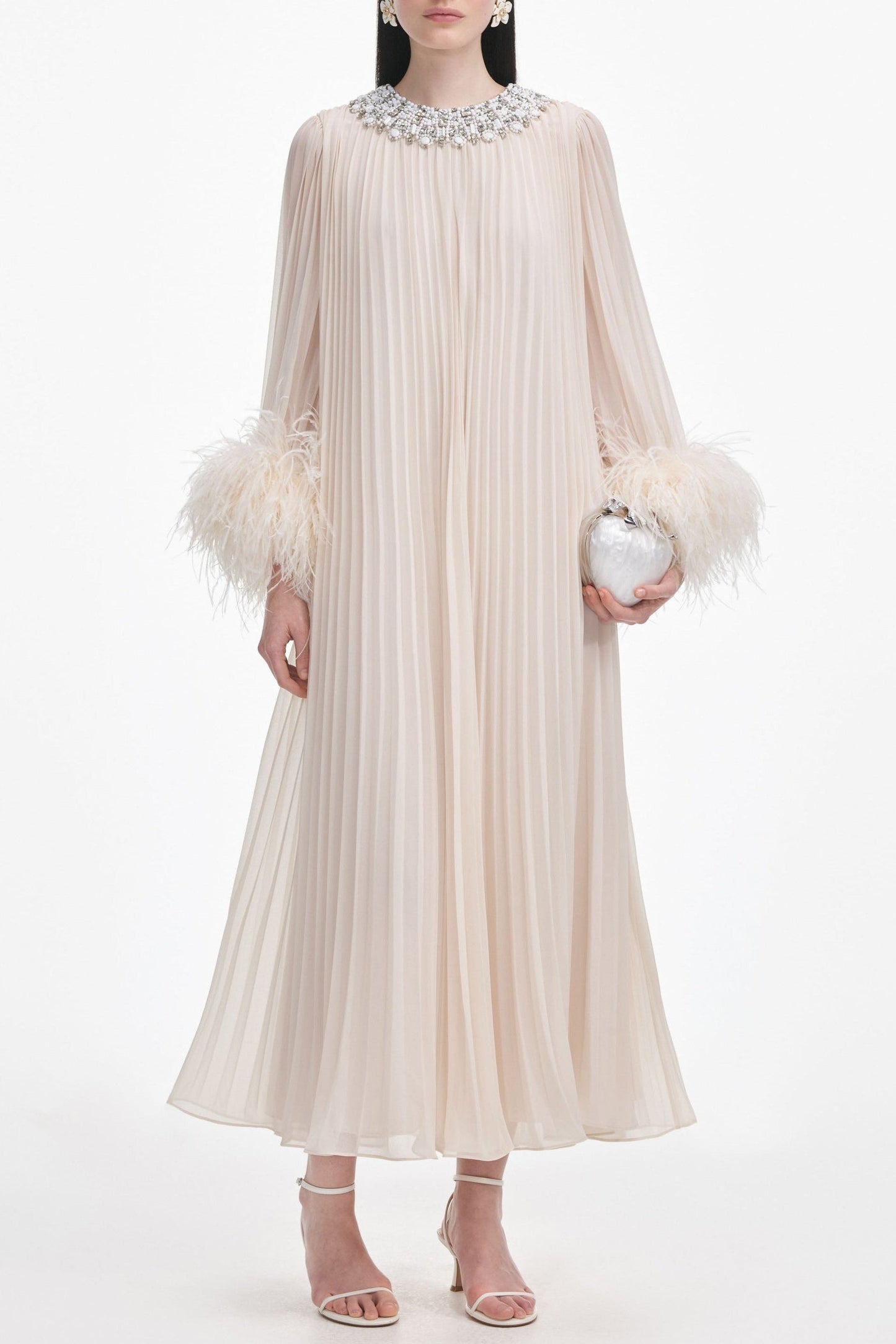 Cream Chiffon Feather Midi Dress