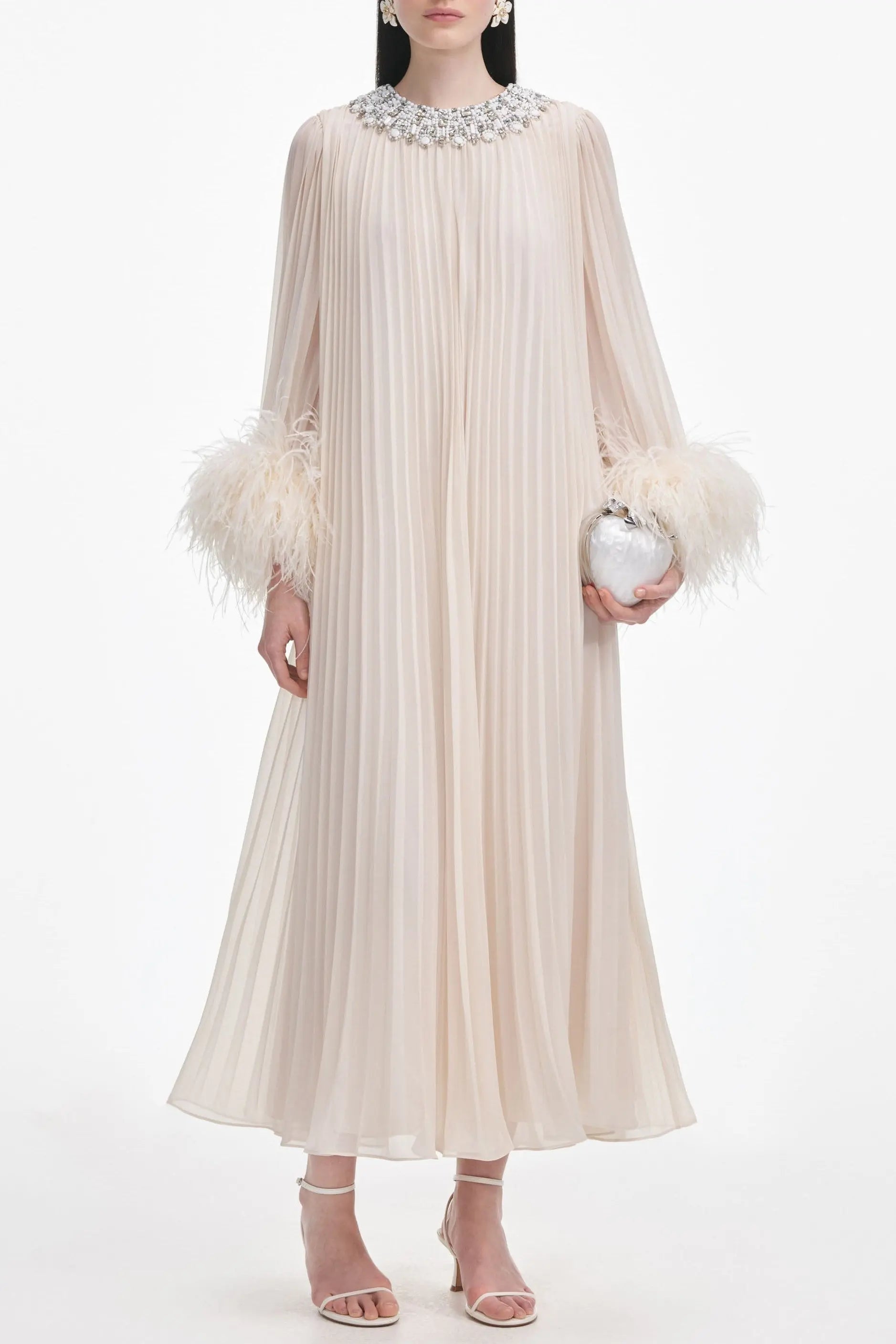 Cream Chiffon Feather Midi Dress Avalabel