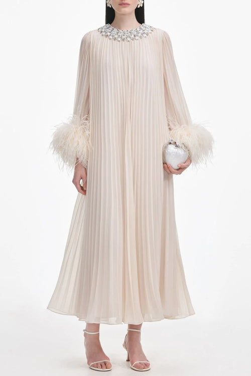Cream Chiffon Feather Midi Dress Avalabel
