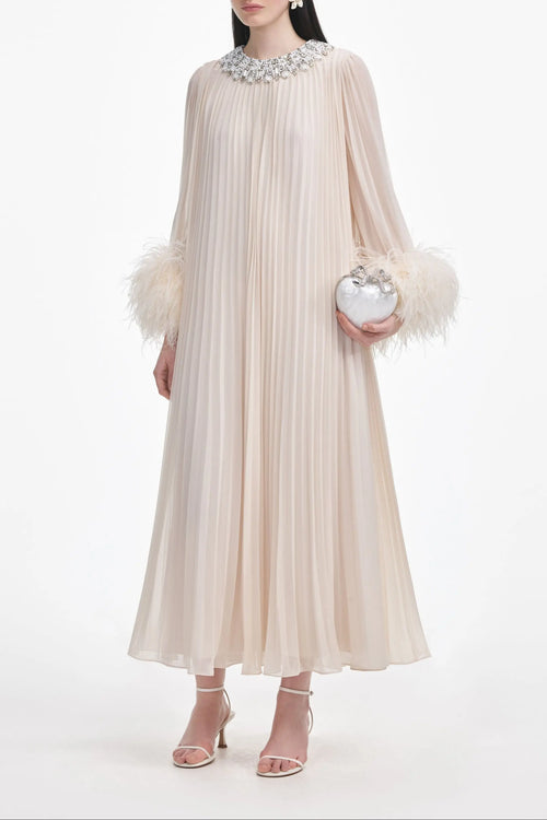 Cream Chiffon Feather Midi Dress Avalabel