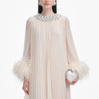 Cream Chiffon Feather Midi Dress Avalabel