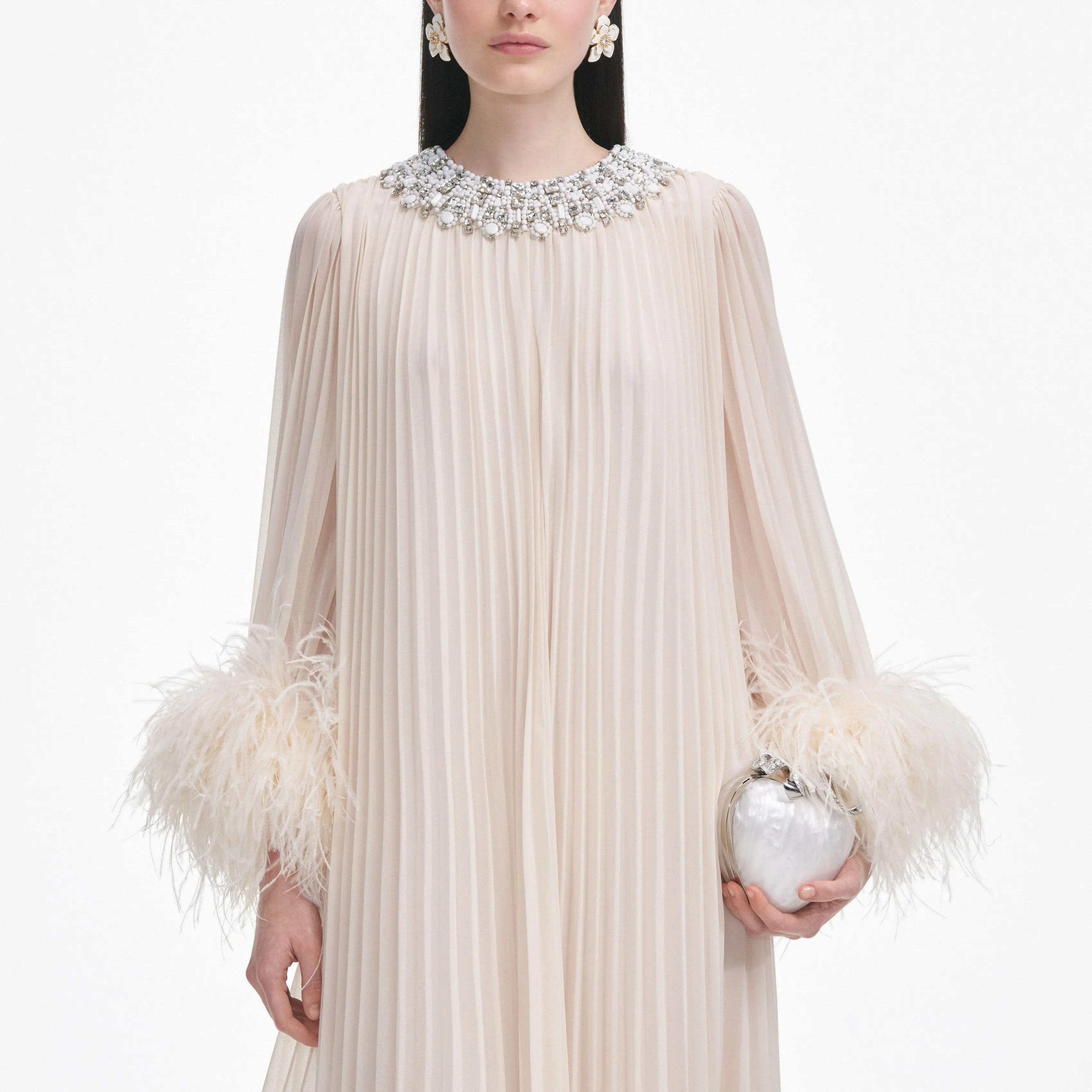Cream Chiffon Feather Midi Dress Avalabel