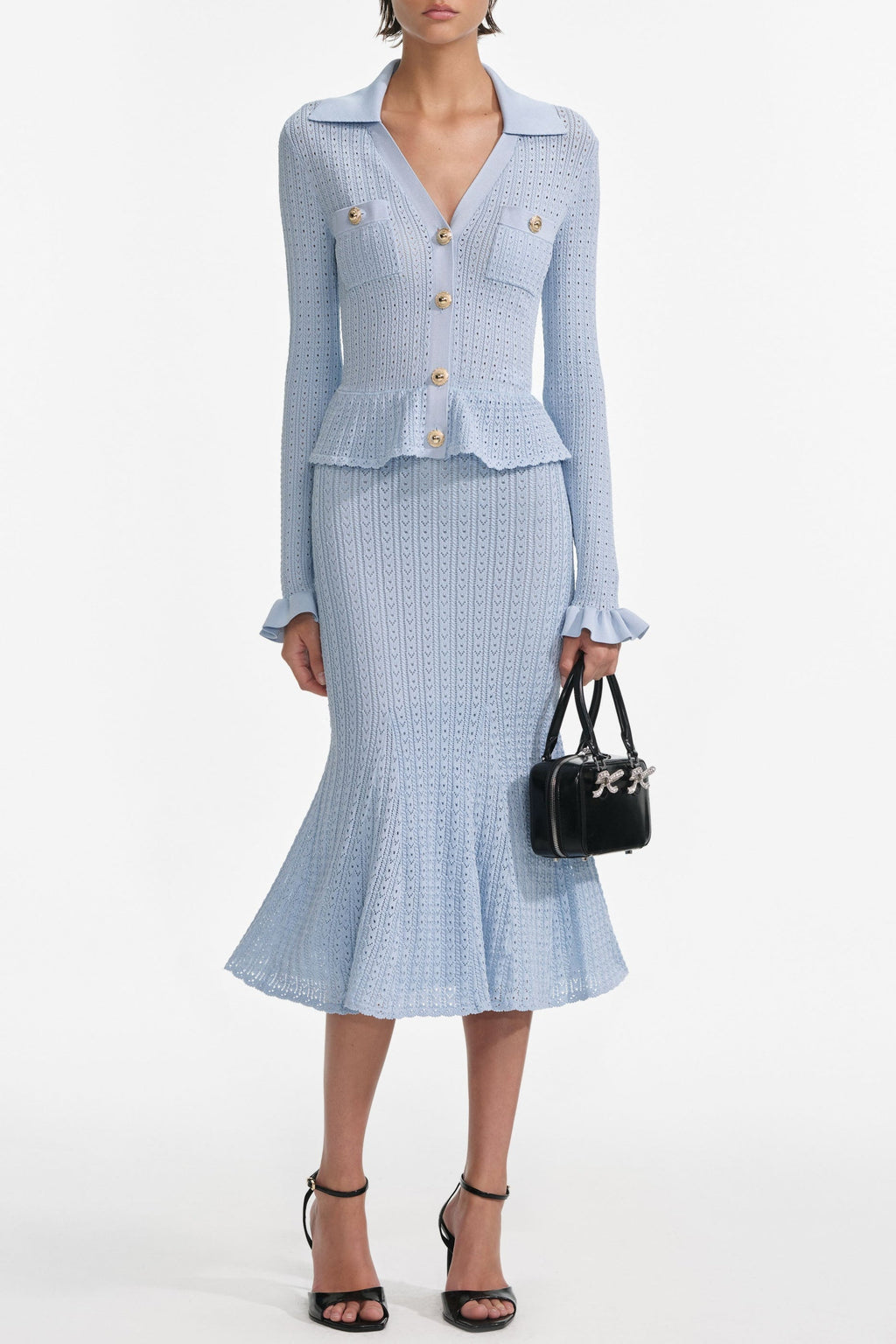 Lillian Blue Pointelle Peplum Knit Midi Dress Avalabel
