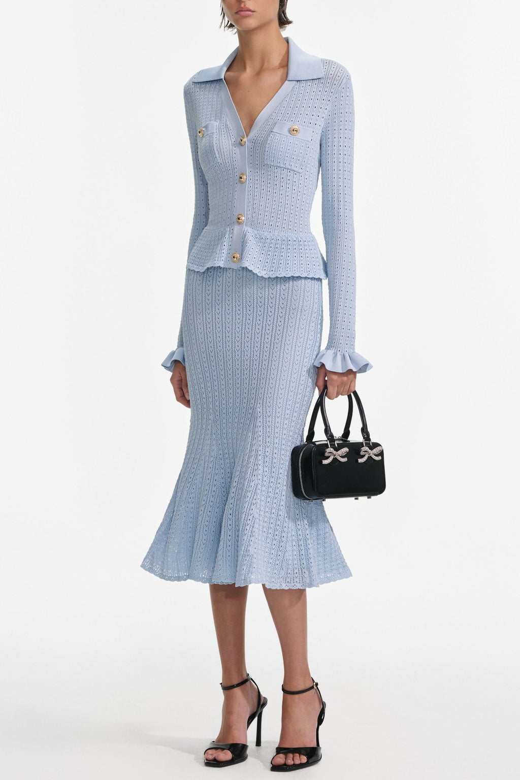 Lillian Blue Pointelle Peplum Knit Midi Dress Avalabel