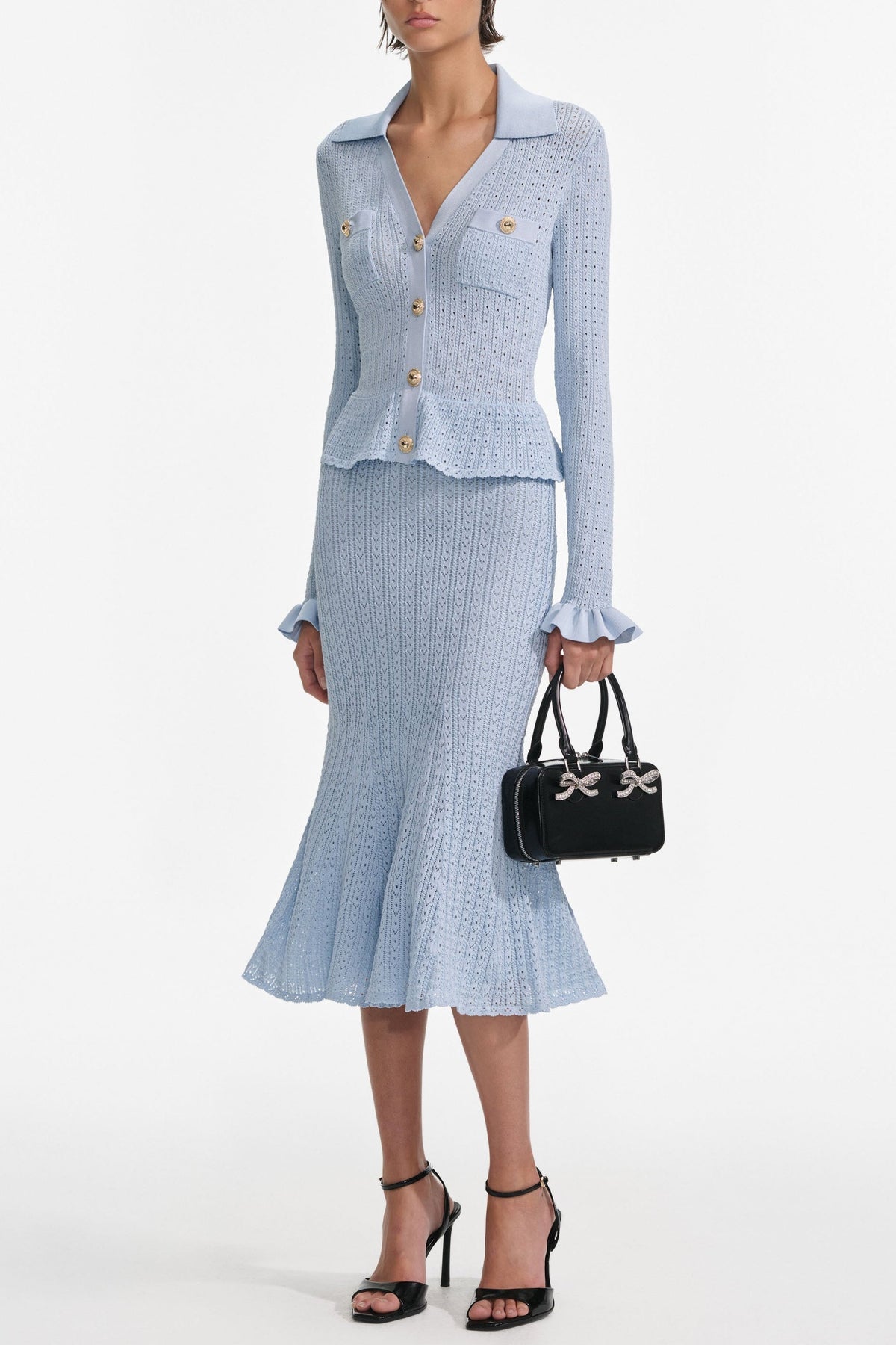 Lillian Blue Pointelle Peplum Knit Midi Dress Avalabel