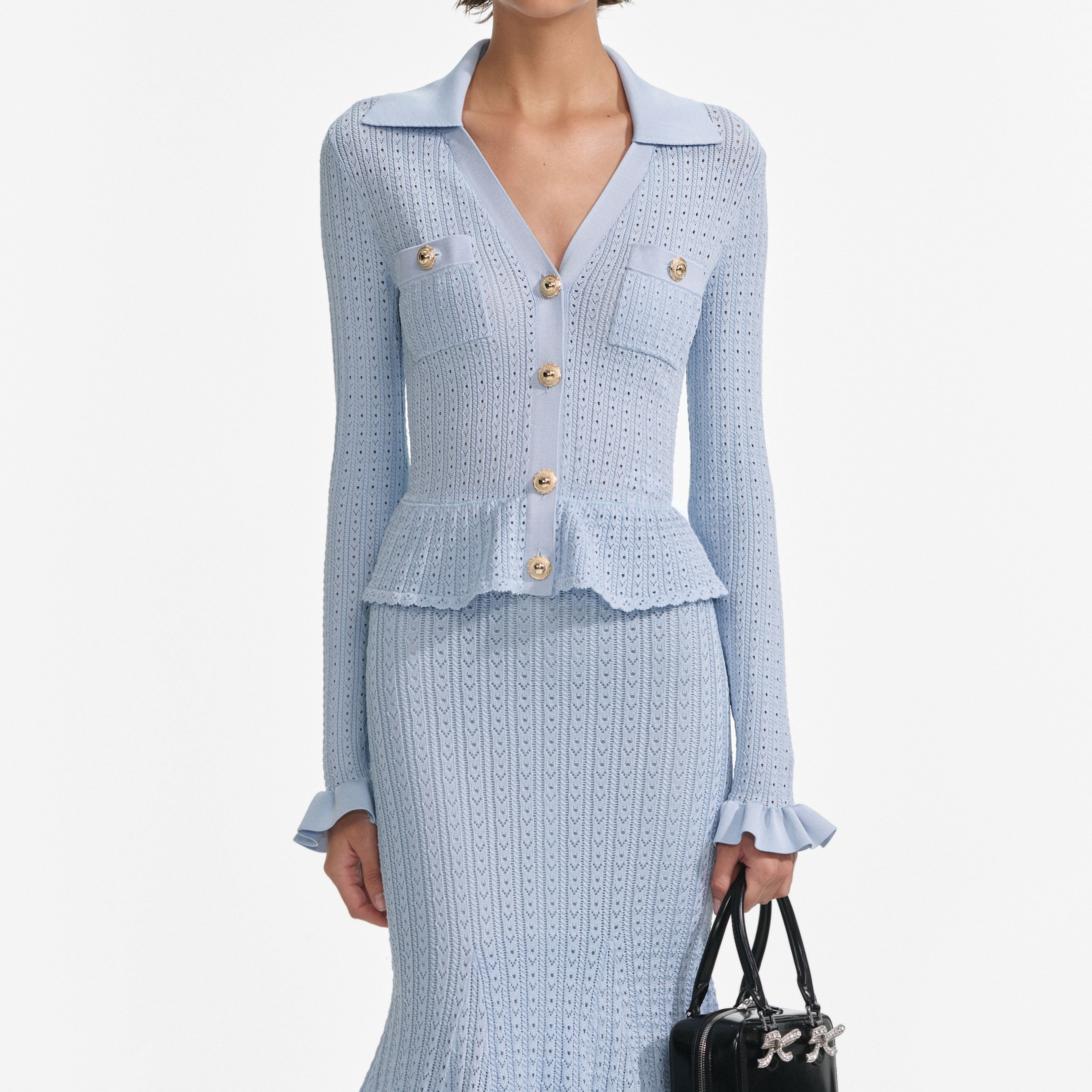 Lillian Blue Pointelle Peplum Knit Midi Dress Avalabel