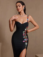 Vanessa Colorful Diamond Side Slit Bandage Maxi Dress in Black Avalabel