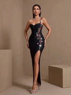 Vanessa Colorful Diamond Side Slit Bandage Maxi Dress in Black Avalabel