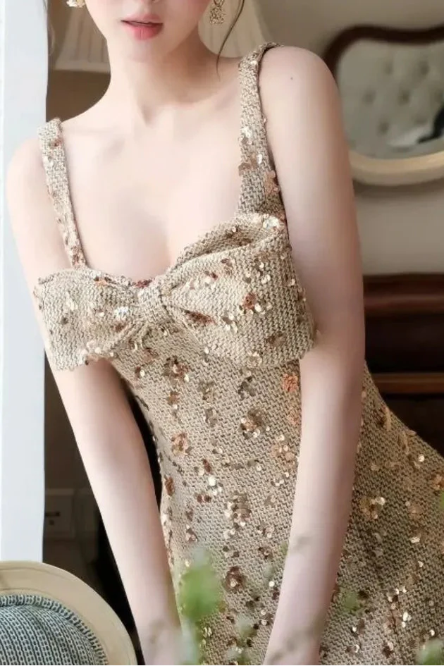 Anila Sequin Bow Slip Mini Dress in Gold Avalabel