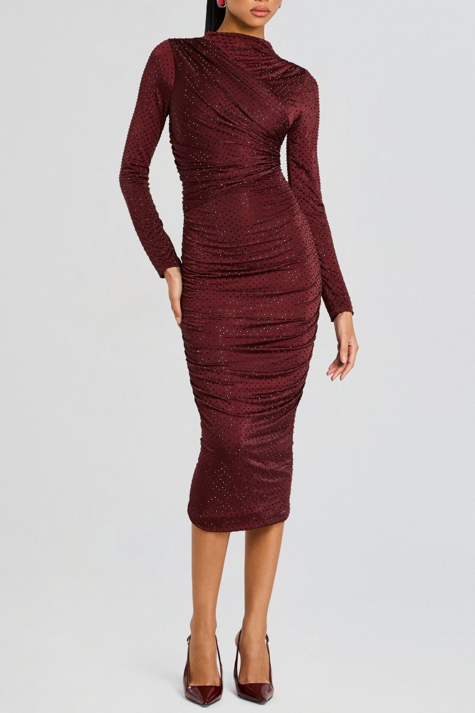 Pallavi Crystal Embellished Ruched Midi Dress Avalabel