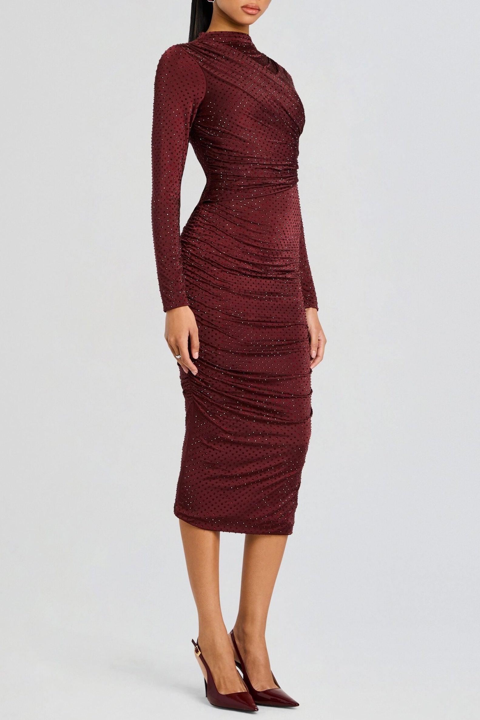 Pallavi Crystal Embellished Ruched Midi Dress Avalabel