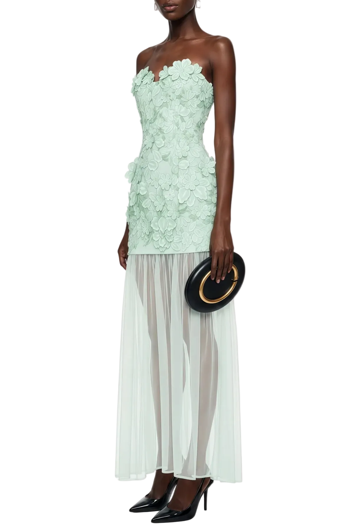 Pansya Floral Embroidery Strapless Maxi Dress - Mint Avalabel
