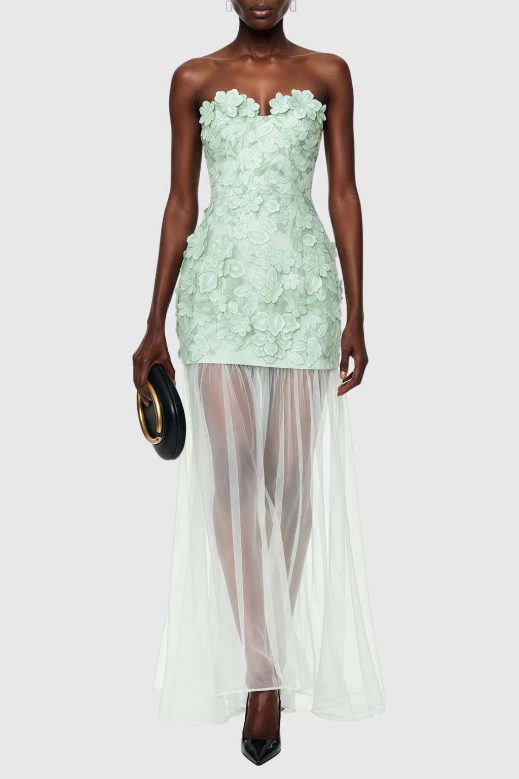 Pansya Floral Embroidery Strapless Maxi Dress - Mint Avalabel