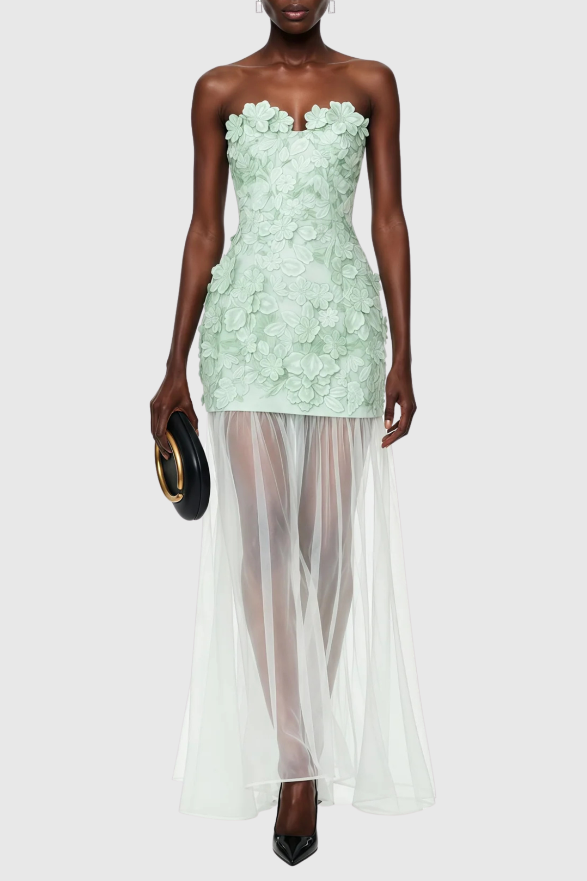 Pansya Floral Embroidery Strapless Maxi Dress - Mint Avalabel