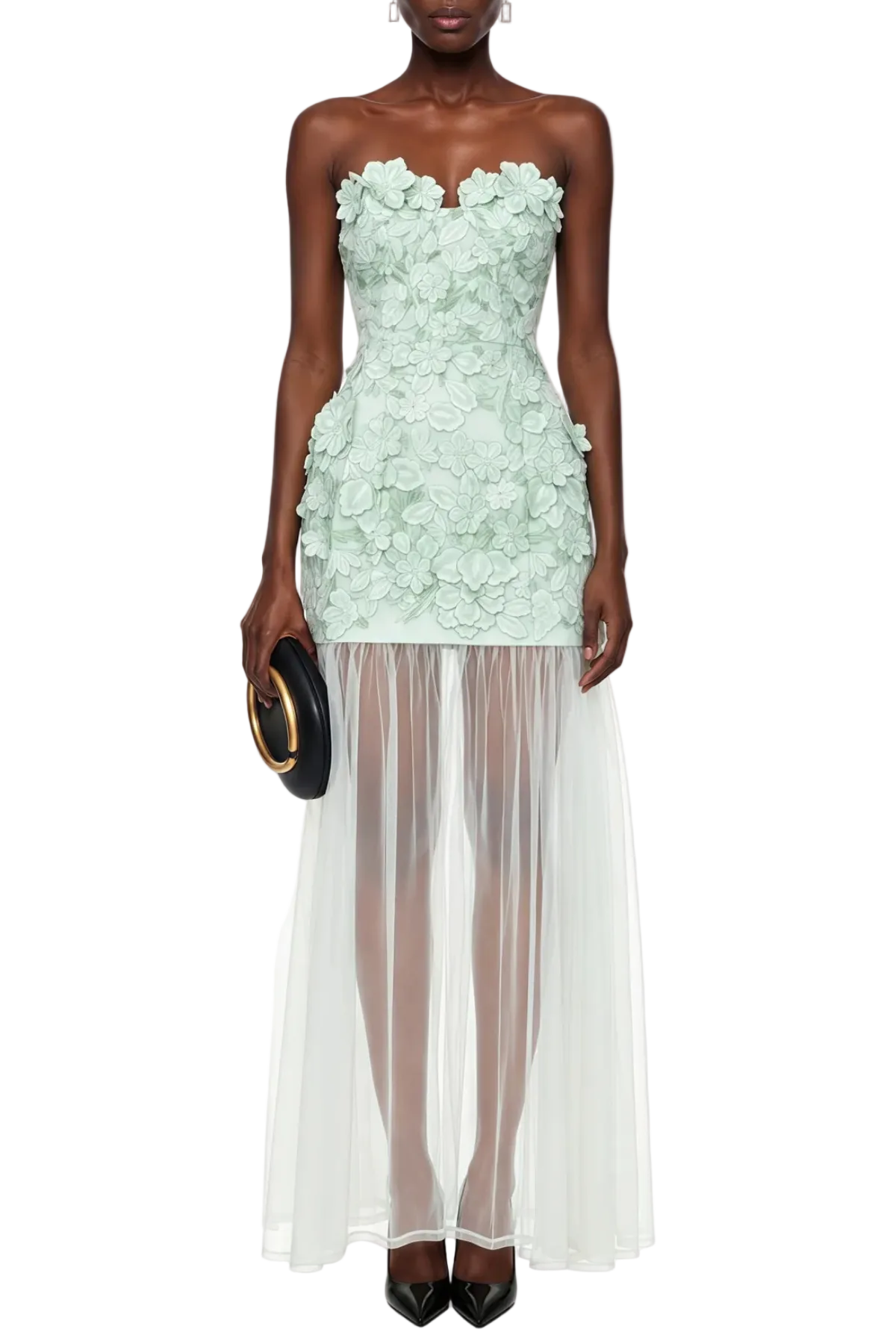 Pansya Floral Embroidery Strapless Maxi Dress - Mint Avalabel