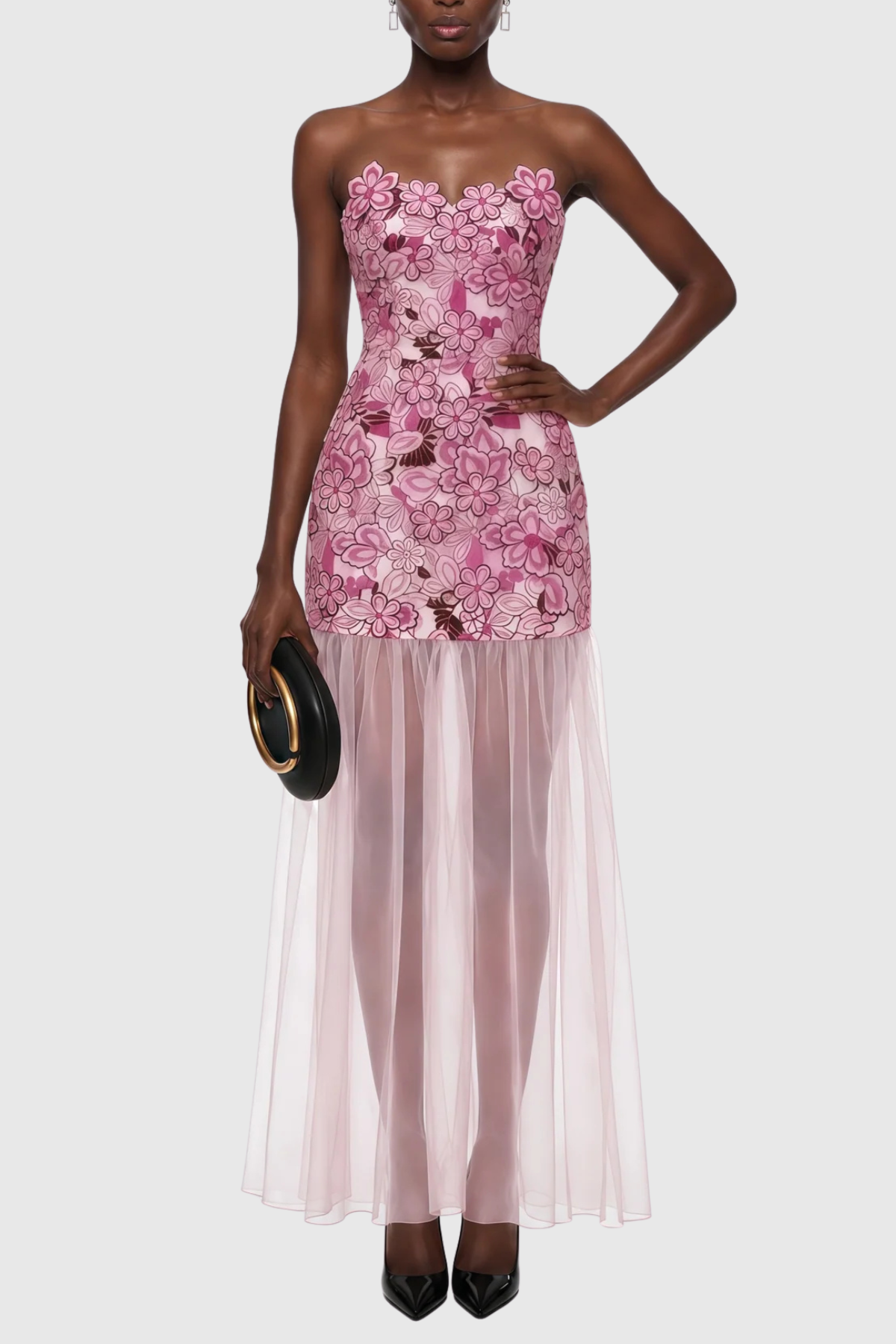 Pansya Floral Embroidery Strapless Maxi Dress - Pink Avalabel