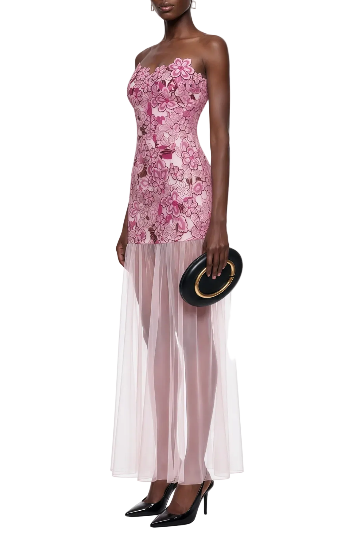 Pansya Floral Embroidery Strapless Maxi Dress - Pink Avalabel