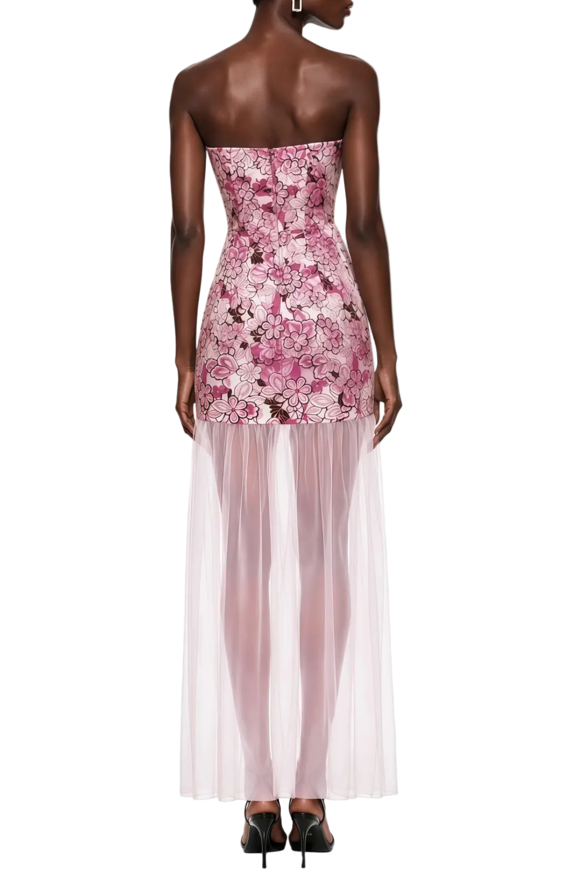 Pansya Floral Embroidery Strapless Maxi Dress - Pink Avalabel