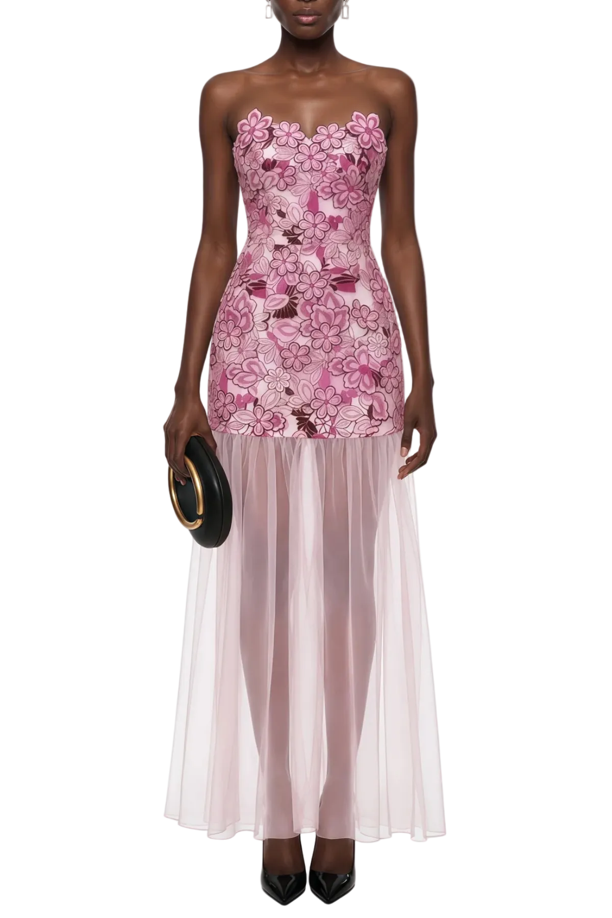 Pansya Floral Embroidery Strapless Maxi Dress - Pink Avalabel