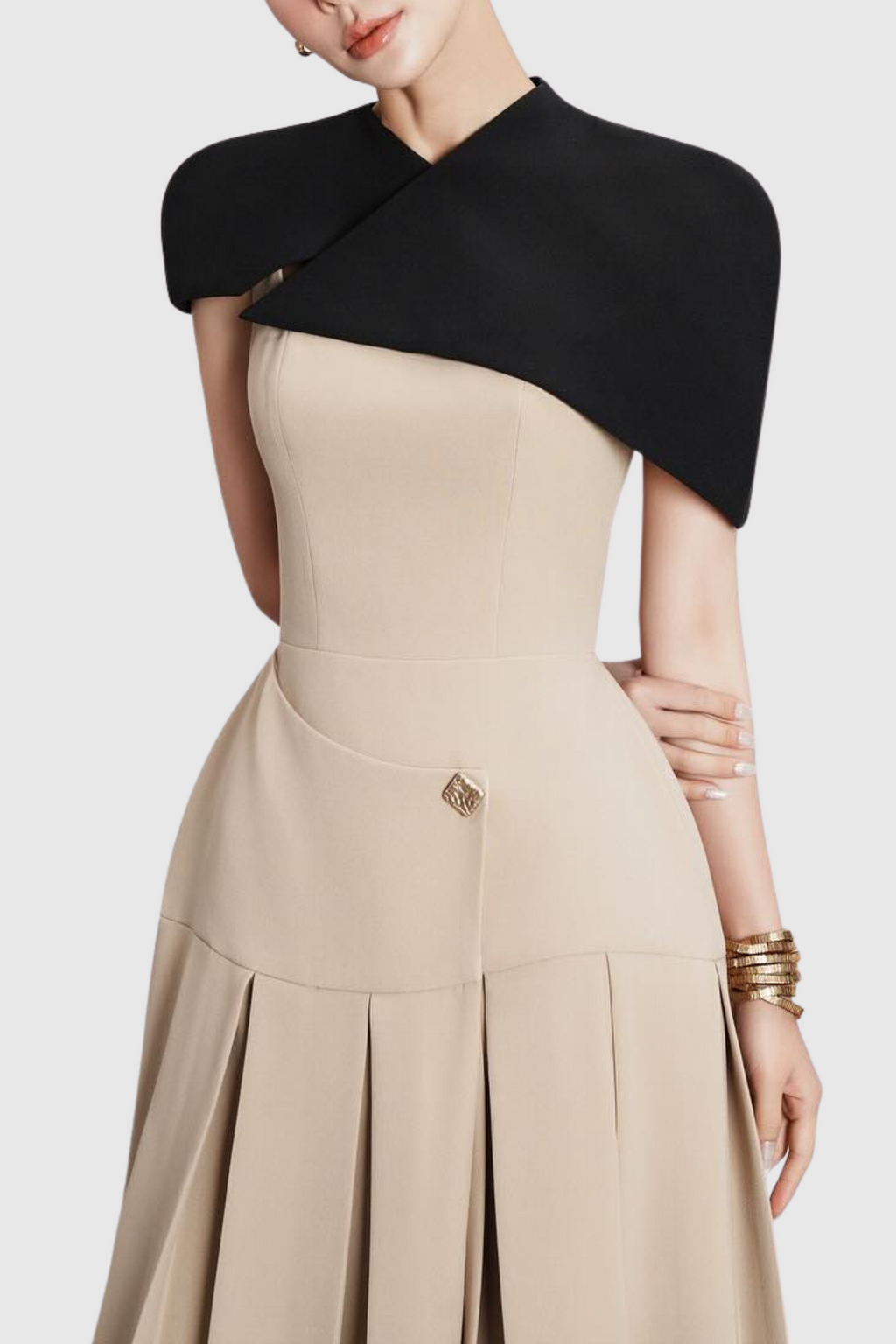 Gustave Khaki Cape Sleeveless Irregular Midi Dress Avalabel
