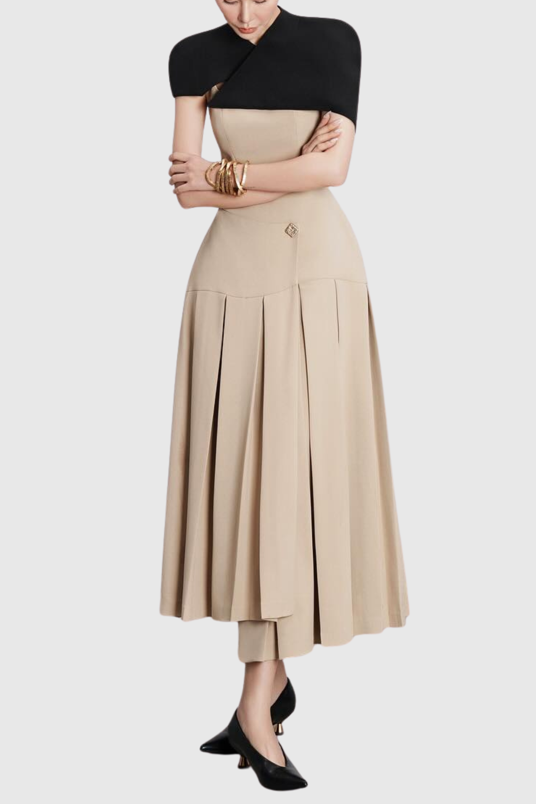 Gustave Khaki Cape Sleeveless Irregular Midi Dress Avalabel