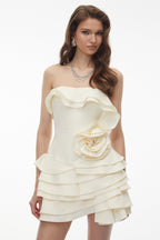 Poppy Neutral Off Shoulder Mini Dress with 3D Florals Avalabel