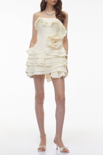 Poppy Neutral Off Shoulder Mini Dress with 3D Florals Avalabel