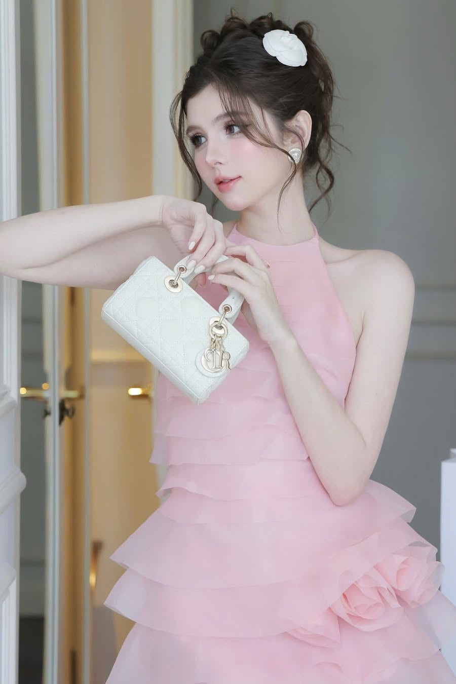 3D Flower Halter Ruffle Layer Mini Dress in Pink Avalabel