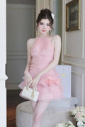 3D Flower Halter Ruffle Layer Mini Dress in Pink Avalabel