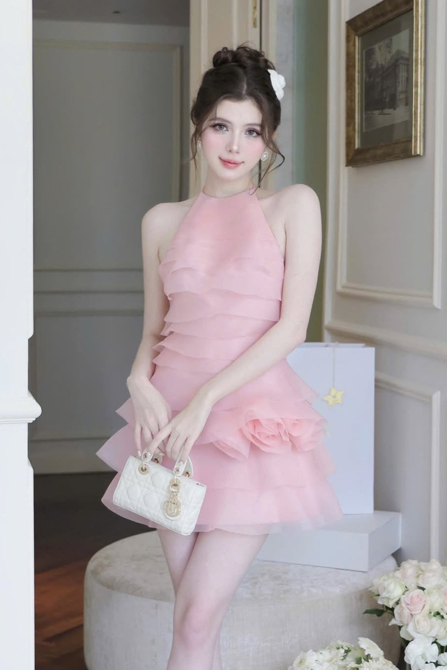 3D Flower Halter Ruffle Layer Mini Dress in Pink Avalabel