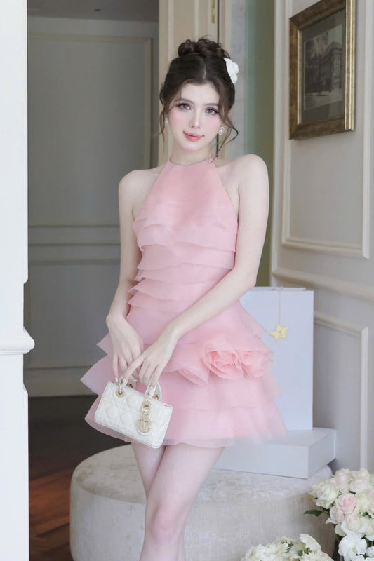 3D Flower Halter Ruffle Layer Mini Dress in Pink