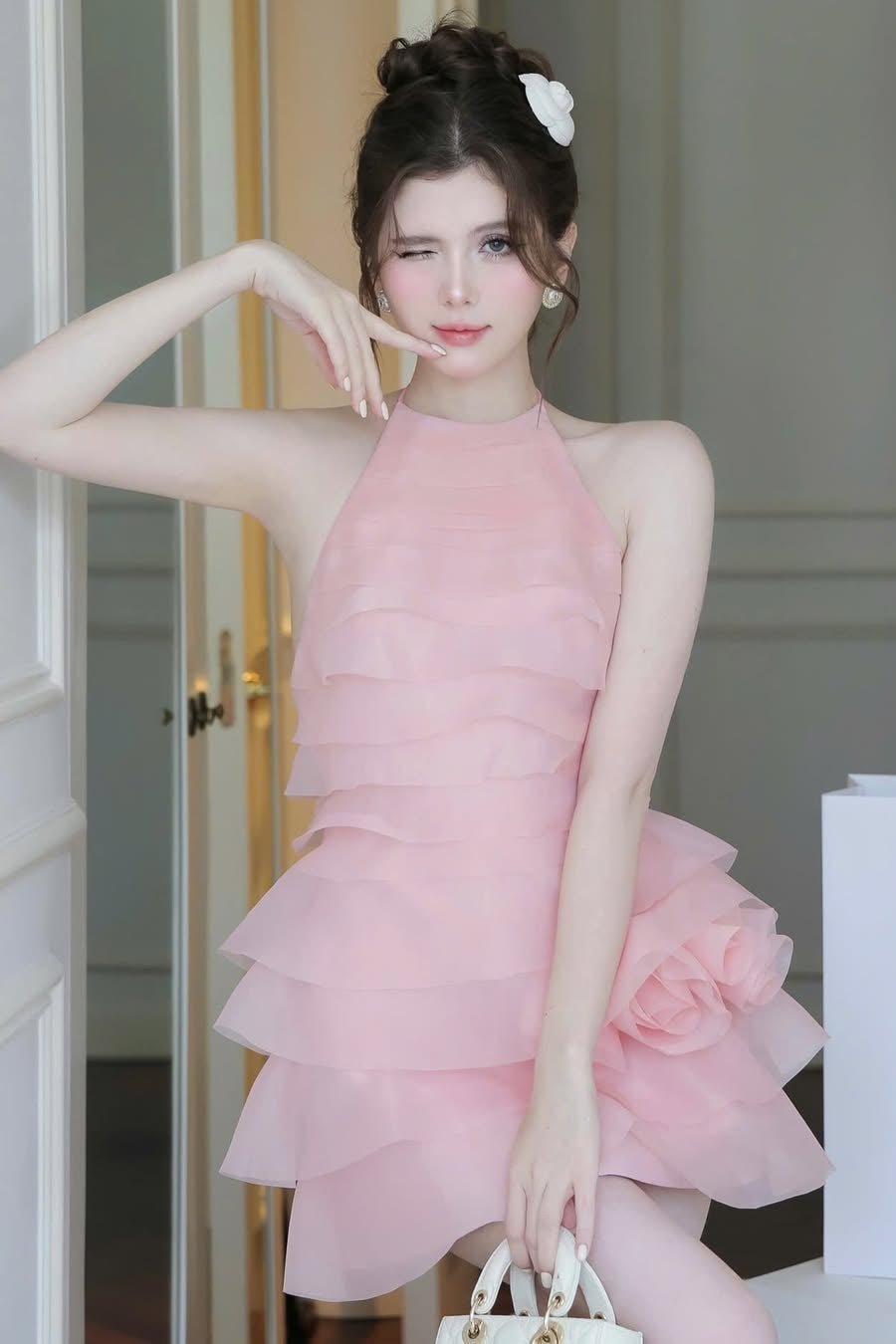 3D Flower Halter Ruffle Layer Mini Dress in Pink Avalabel