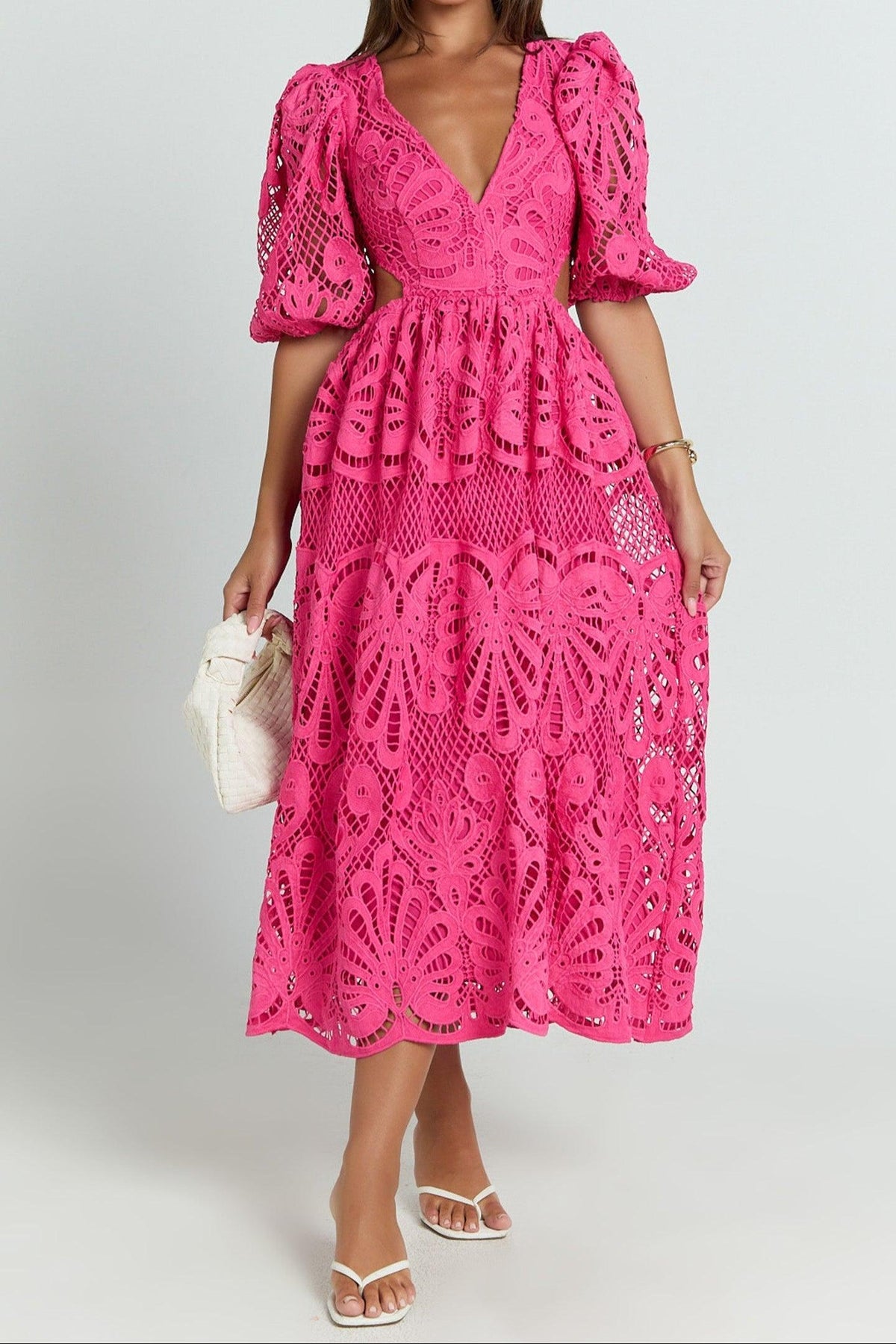 V Neck Cut Out Lace Midi Dress Avalabel