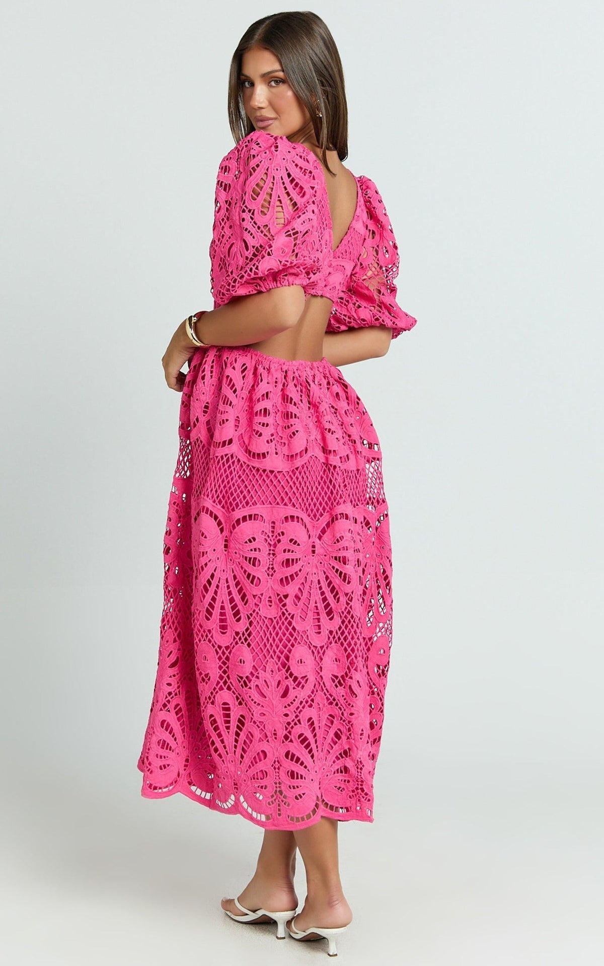 V Neck Cut Out Lace Midi Dress Avalabel