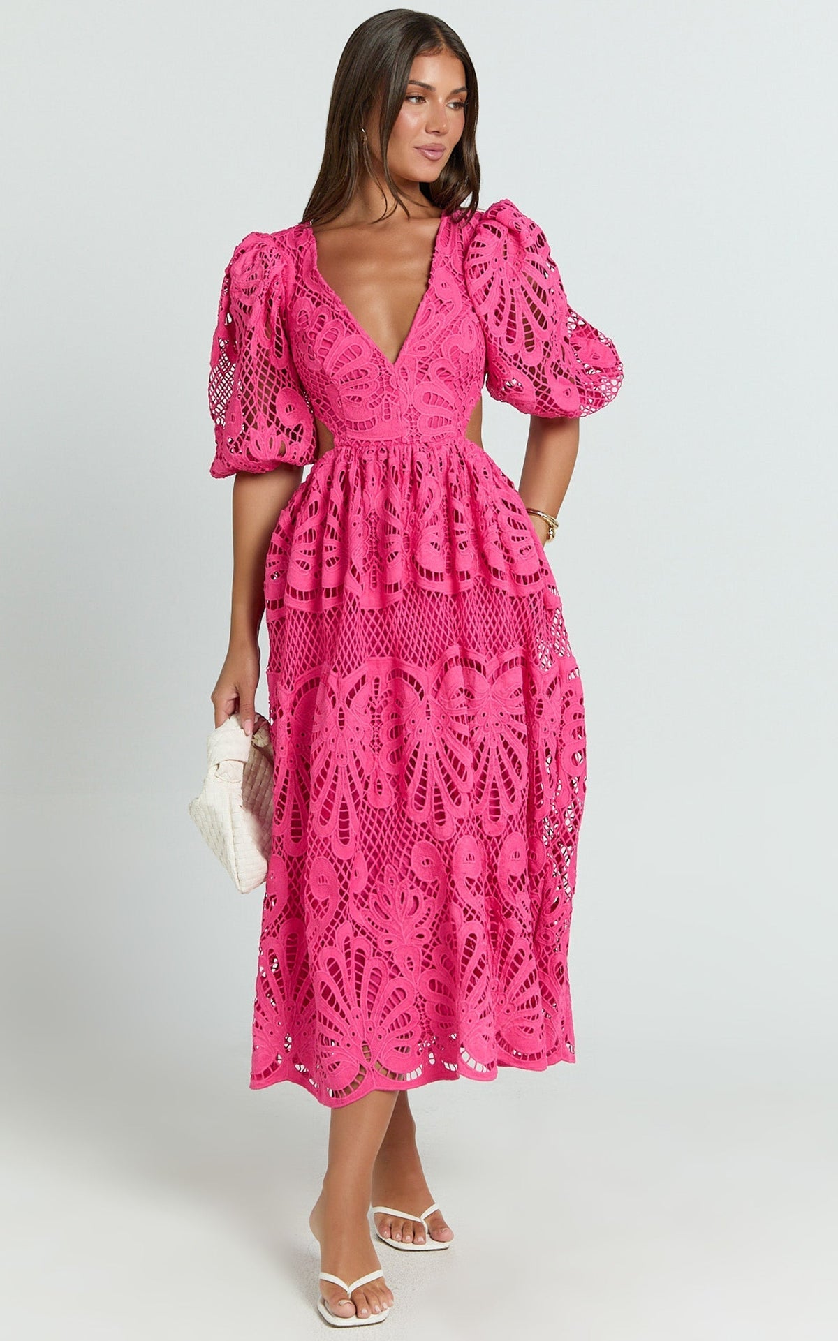 V Neck Cut Out Lace Midi Dress Avalabel