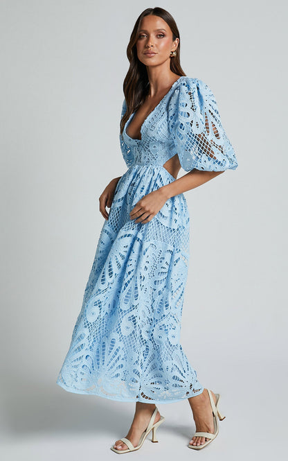 V Neck Cut Out Lace Midi Dress
